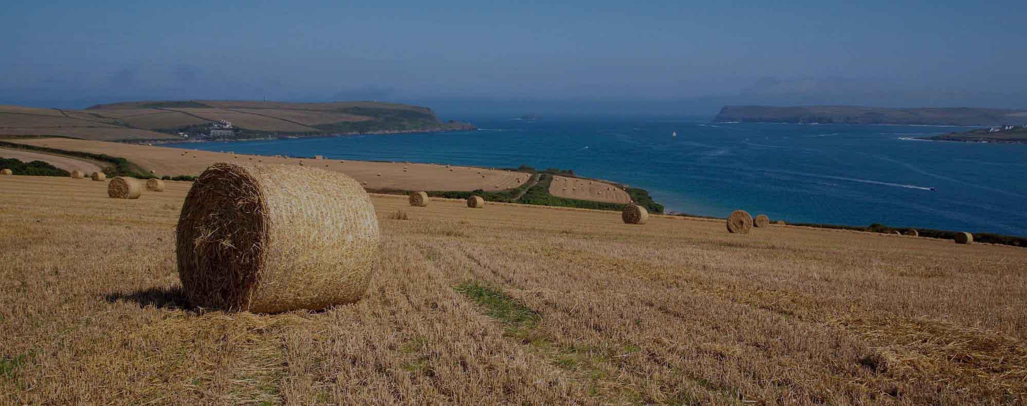 Hay bales in a golden stubble field above the Camel Estuary, with the Rock and Padstow headlands beyond, North Cornwall