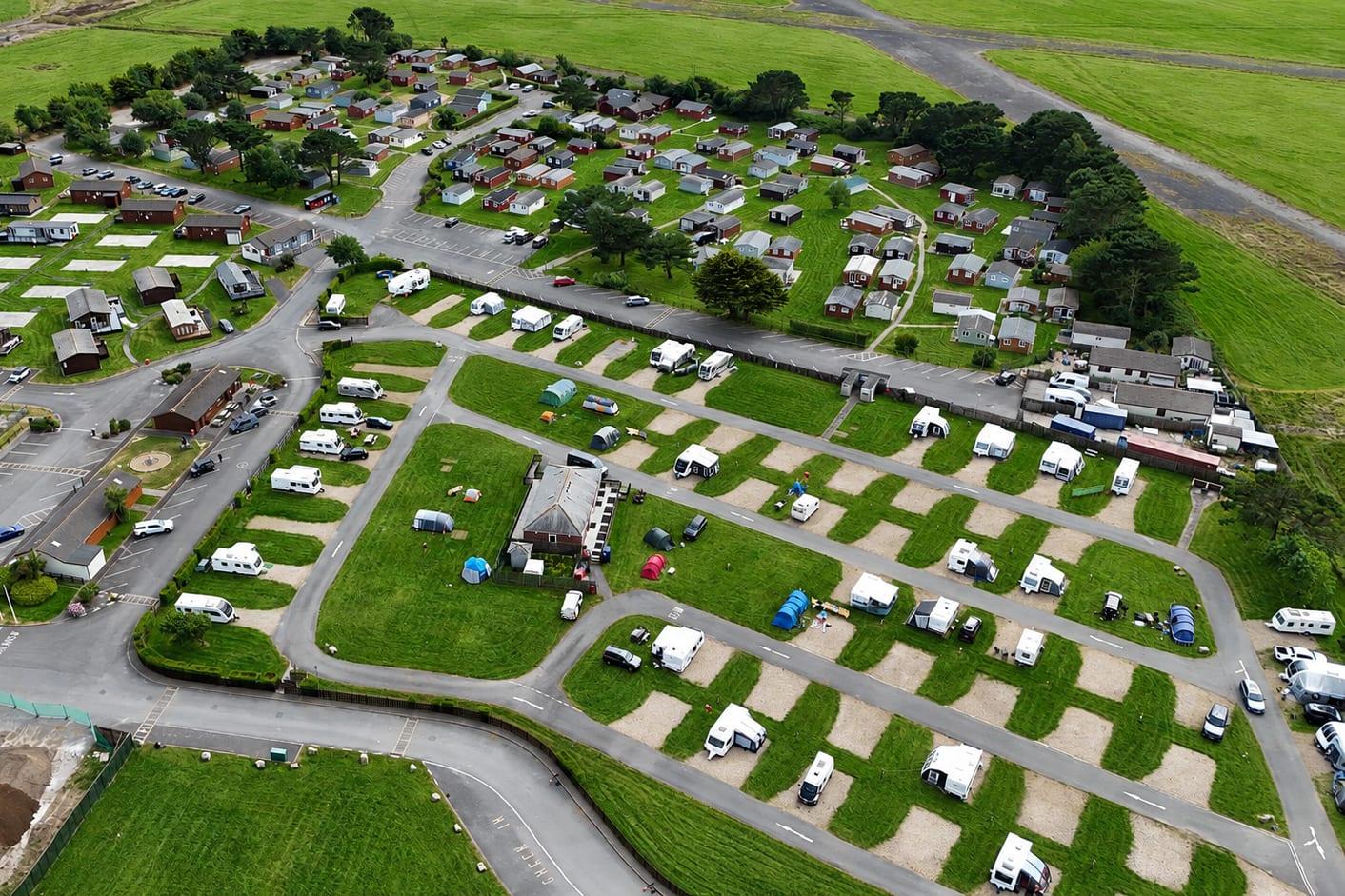 Aerial view of the touring and camping pitches at Atlantic Bays, St Merryn